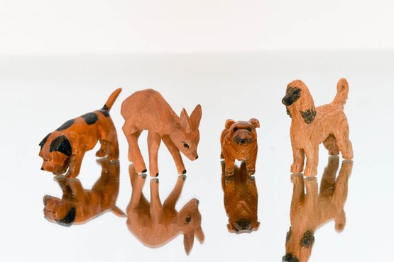 2' Hand Carved Wooden Dogs And Fawn