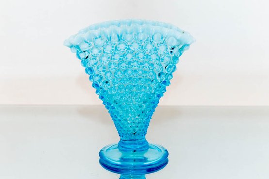 6.5' Fenton Aqua Blue Opalescent Hobnail Fan Vase
