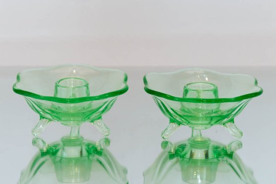 4.5' Fostoria Green Uranium Glass Candleholders