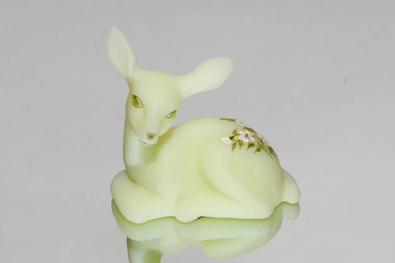 Fenton Yellow Custard Hand Painted And Signed Fawn With White And Pink Flowers