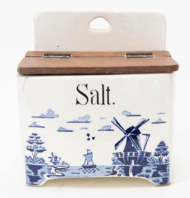 Vintage German Blue And White Ceramic Wall Windmill Salt Box
