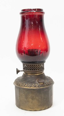 Antique Columbia The New Lamp Brass Kerosene Lamp With Ruby Shade