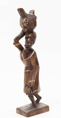 11' Signed Hand Carved Haitian Hard Wood Sculpture Of Street Seller