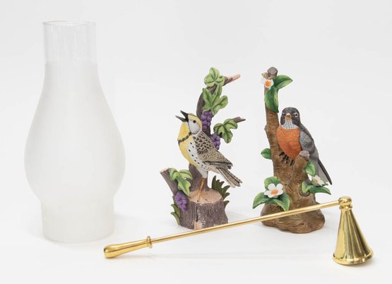 Home Decor Lot Includes Frosted Chimney Shade, Candle Snuffer And Porcelain Birds