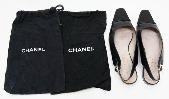 Chanel Black Leather Slingback Size 39 With Shoe Bags Made In France