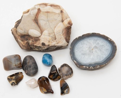 Rock Specimens Including Agate Slice And Possibly Pudding Stone