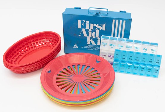 Lot Of Household Items Includes First Aid Kit, Pill Containers And Plastic Plates And Baskets