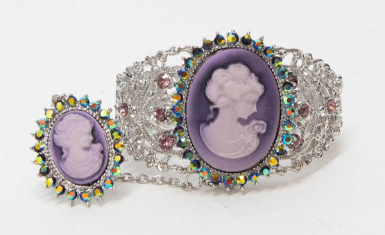 Strada Purple Cameo Austrian Crystal Bangle Watch And Ring Set