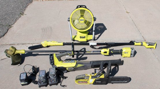 Ryobi Electric Lawn And Garden Tools 4 Batteries, Two Chargers, Blower, Chainsaw, Trimmer And Tree Cutter And