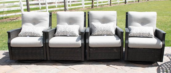 Agio Bouncy Swivel Patio Chairs With Covers And Sunbrella Pillows Black Chairs Light Gray Cushions