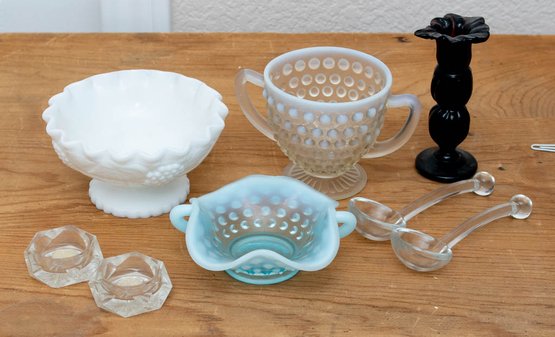 Lot Of Art Glass Includes Bohemia Salt Dips And Fenton Blue Opalescent Bowl