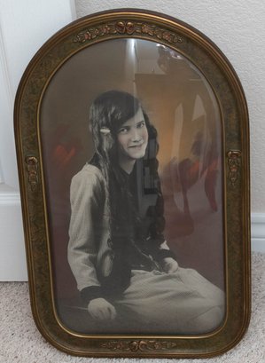 Antique Curved Convex Bubble Picture Frame Portrait Of Young Lady