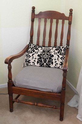 Antique Wooden Arm Chair With Reupholster Houndstooth Cushion