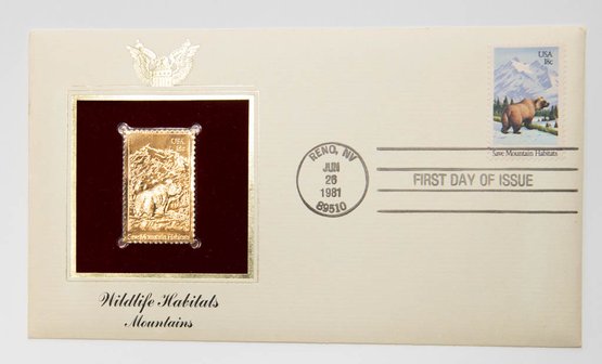 1981 First Day Of Issue 22kt Gold Fantasy Stamp Wildlife Habitat Mountains