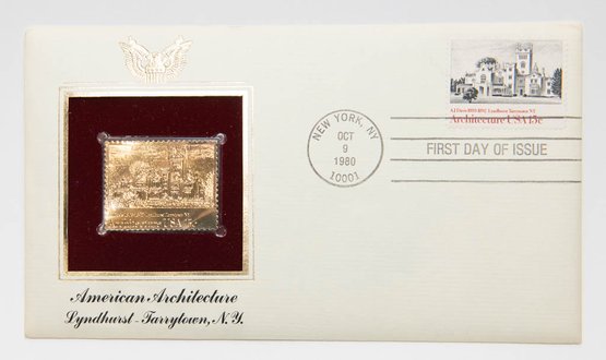 1980 First Day Of Issue 22kt Gold Fantasy Stamp American Architecture Lyndhurst Tarrytown, NY