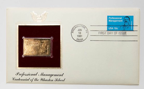 1981 First Day Of Issue 22kt Gold Fantasy Stamp Professional Management Centennial Of The Wharton School