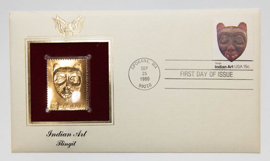 1980 First Day Of Issue 22kt Gold Fantasy Stamp Indian Art Tlingit