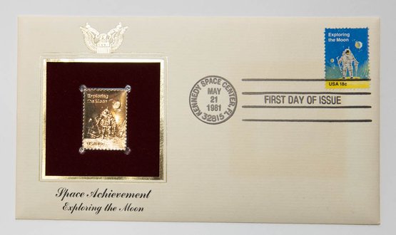 1981 First Day Of Issue 22kt Gold Fantasy Stamp Space Achievement Exploring The Moon