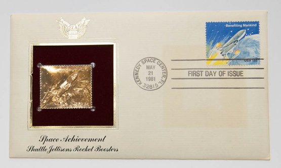 1981 First Day Of Issue 22kt Gold Fantasy Stamp Space Achievement Shuttle Jettisons Rocket Boosters