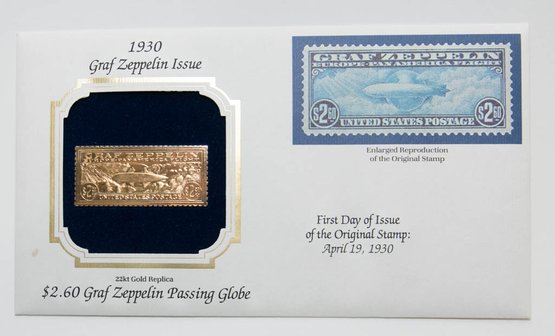 First Day Of Issue 22kt Gold Fantasy Stamp 1930 Graf Zeppelin Passing Globe