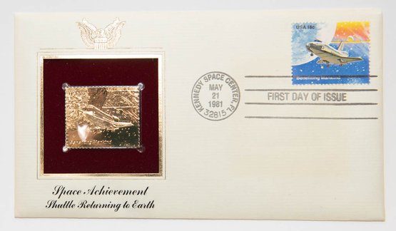 1981 First Day Of Issue 22kt Gold Fantasy Stamp Space Achievement Shuttle Returning To Earth