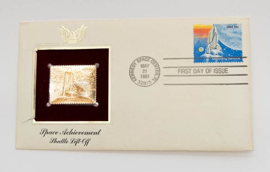 1981 First Day Issue Of 22kt Gold Fantasy Stamp Space Achievement Shuttle Lift Off