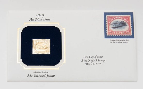 First Day Issue Of 22kt Gold Fantasy Stamp 1918 Reissue Inverted Jenny