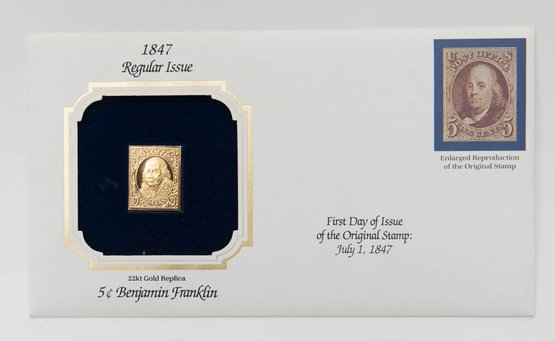 First Day Issue Of 22kt Gold Fantasy Stamp 1847 Reissue Benjamin Franklin