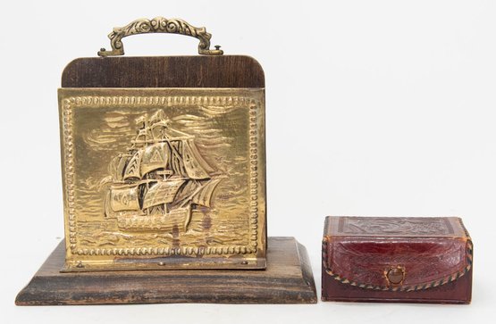 Vintage Nautical Brass And Wood Letter Holder And Native American Design Leather Box