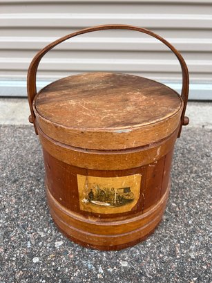 Antique American Wooden Sugar  Firkin Bucket With Currier And Ives Print