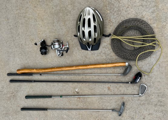 Golf Clubs, Minnow Trap, Specialized Bike Helmet And Fishing Reels