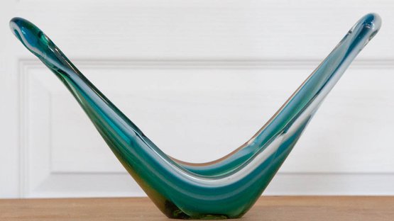 Blue Green Art Glass Coquille Bowl Upward Swept Design