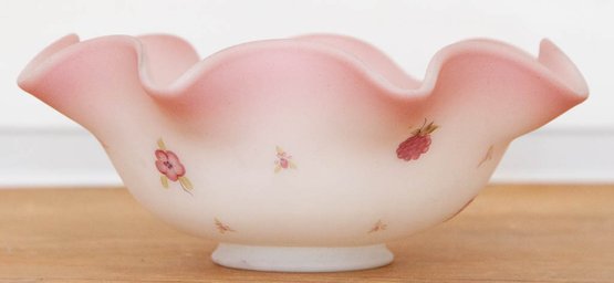 Fenton Pink Satin Custard Ruffled Bowl With Berries & Flowers Hand Painted