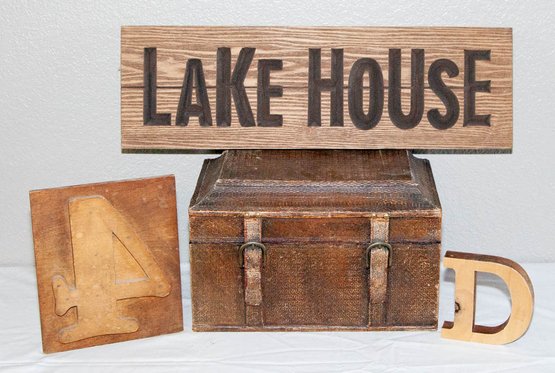 Wood Lake House Sign, #4 Letterpress, ' D' And Hinged Box