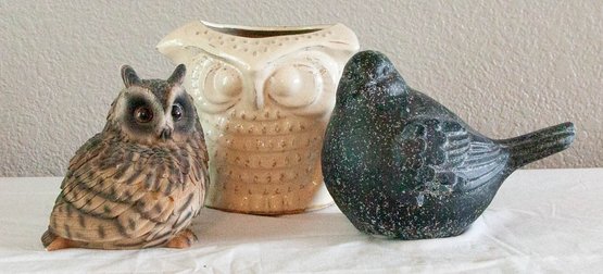 Bird Decor Lot Includes Owl Vase, Wood Owl And Songbird