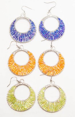 2' Orange, Green And Blue Bead Hoop Earrings