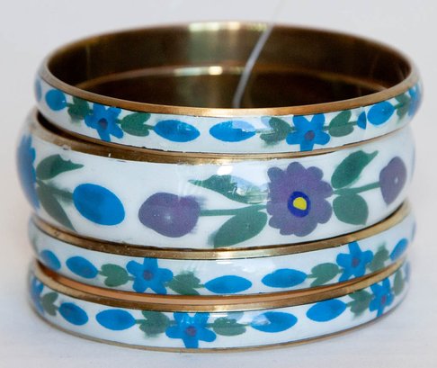 Blue And Purple Flowers Resin Set Of 4 Bangles In Goldtone