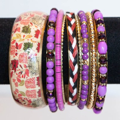 Purple Bead And Floral Resin Set Of 9 Bangles In Goldtone