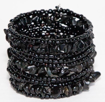 Black Onyx And Black Glass Bead Cuff On. Memory Wire