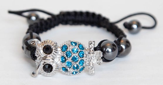 Hematite & Teal Blue Austrian Crystal Owl Bracelet In Silver Tone And Cord