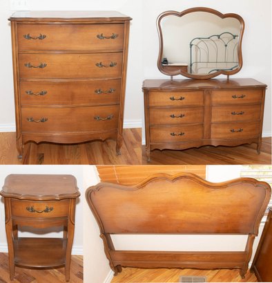 Vintage American Colonial Style Chest Of Drawers, Dresser With Mirror, Nightstand And Head/footboard