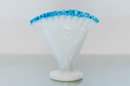 4.5' Fenton Turquoise Crest Milk Glass Fan Vase