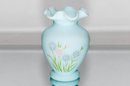 6.5' Fenton Blue Custard Hand Painted And Signed Ruffled Vase