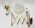 Vintage Brass Extending Scissor Arm Milk Glass Hobnail Wall Lamp