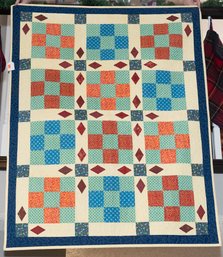 Block And Diamond Cross Blue And Yellow Border Quilt