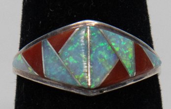 Southwestern Sterling Opal And Coral Ring Size 8