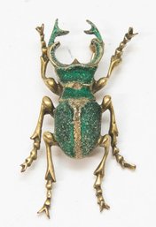 Vintage Gold Tone And Greenglass Stag Beetle