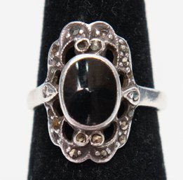 Sterling Oval Onyx Filigree Ring Size 6 3.45g
