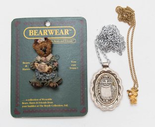 Animal Jewelry Lot Includes Bearwear Pin, Owl Pendant And Cat Necklaces