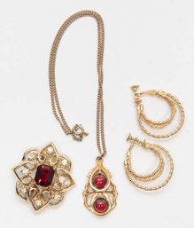 Gold Tone Red Bead Necklace Ruby Colored Glass Brooch And 3 Hoop Screw On Earrings